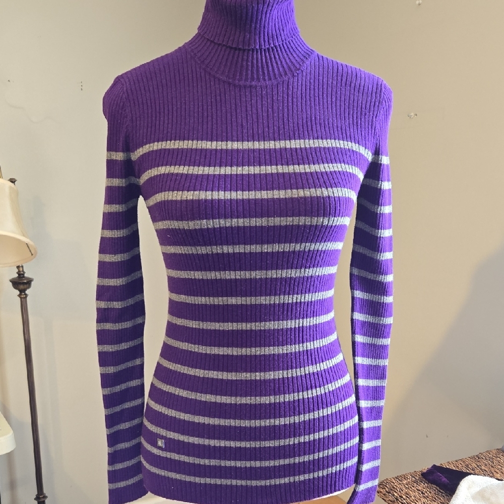 Lauren Ralph Lauren Purple and Gray Striped Turtleneck Sweater Size XS New